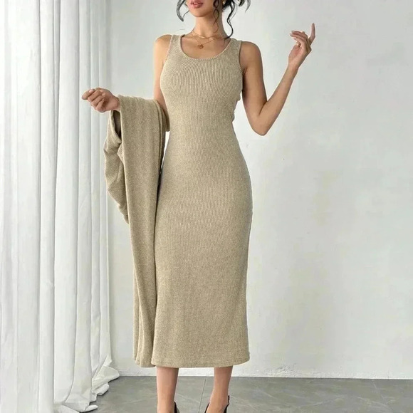 Khaki Casual Women's Plush Long Skirt & Cardigan Two-Piece Set - Picture 3 of 5